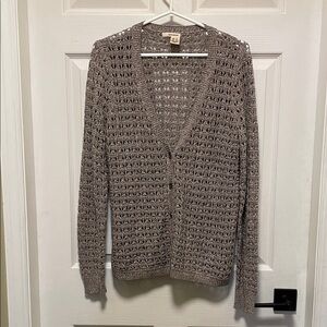 DKNY Jeans | Heathered Taupe | Open Knit | V Neck | Cardigan | Buttons | Size M
